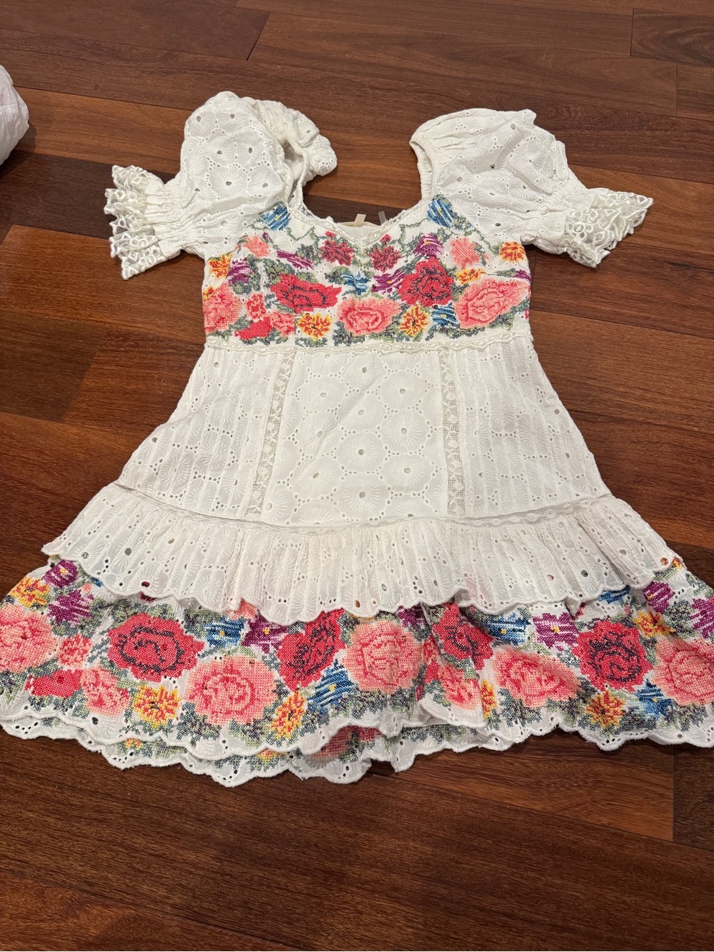LoveShackFancy White Eyelet Mini Dress with Pink Floral Embroidery